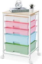 Utility Cart with 5 Drawers,Storage Drawer Cart with Wooden Tabletop and Lockabl