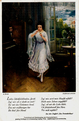 Postcard 1918 - woman + man in front of the piano - artist A. Broch ''Das Dreimderlhaus''