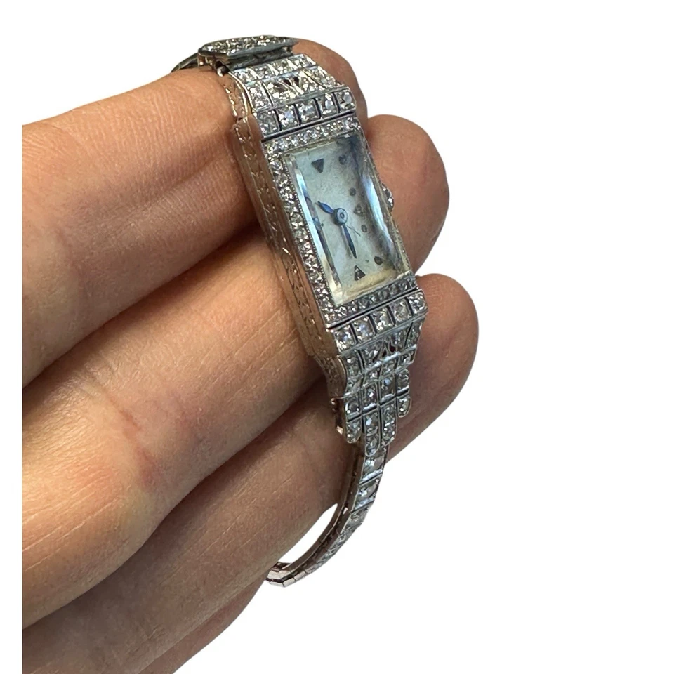 Reloj Art Deco Platino 3.50Ct Diamante VS-F, 18-Joyas Cuerda Manual Foto 3 de 4