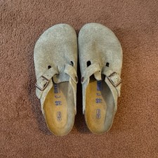 Birkenstock Boston Suede Clogs Womens Taupe Normal Soft Footbed Sandals