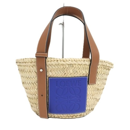 LOEWE Basket Bag Handbag Raffia Straw Natural Blue Used SKAI-0