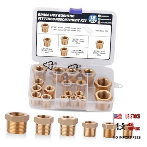 18PCS Brass Hex Reducer Bushing Fitting Kit,NPT Thread - 1/4" - Hex Bushing