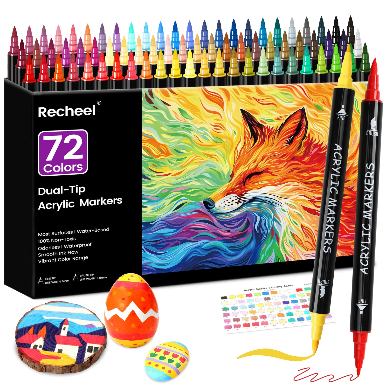 72-Color Dual Tip Acrylic Paint Markers with Fine and Brush Tips for Art and Crafts