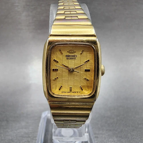 Seiko Tank Watch Women 18mm Gold Dial Gold Tone Rectangle V401-5150 New Battery