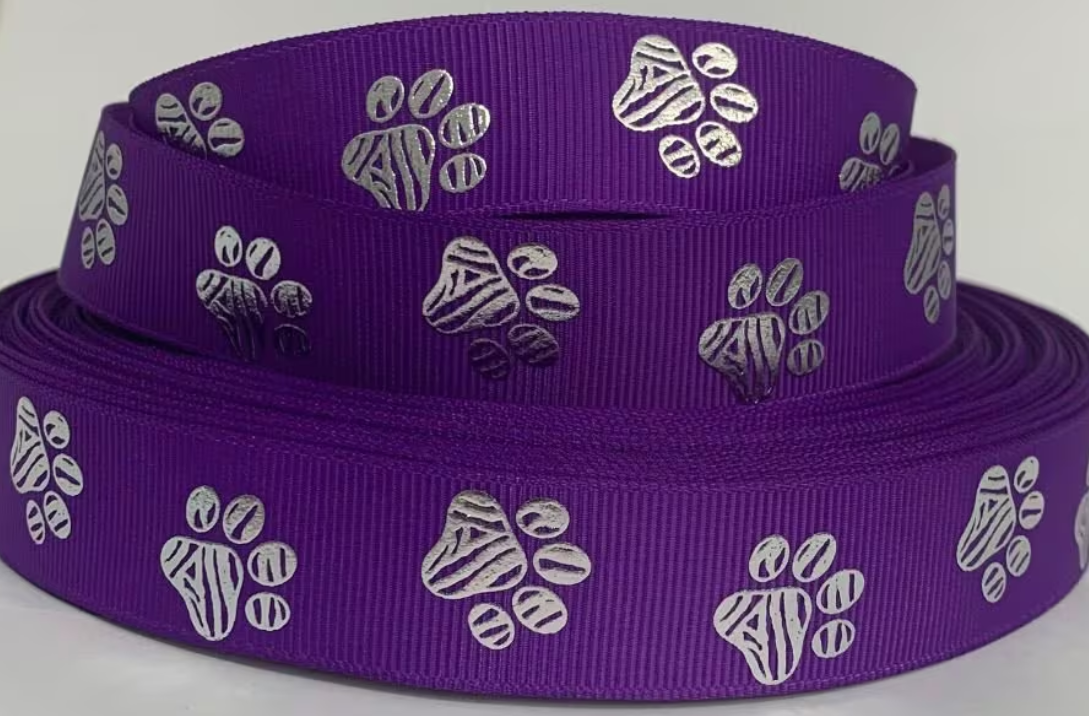 GROSGRAIN RIBBON 7/8" Silver Foil Paw Prints on Purple Ribbon dog
