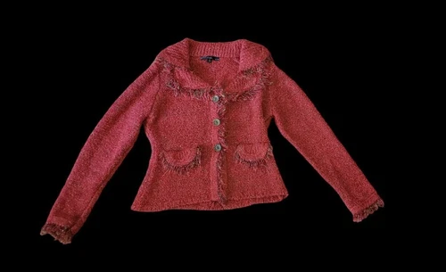 Liquid By Sioni Fuzzy Fringe Silver Boho Big Button Soft Red Sweater Cardigan M