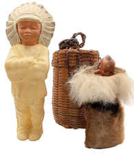 Jefe indio nativo americano vintage con papoose y bebé y cesta tejida a mano