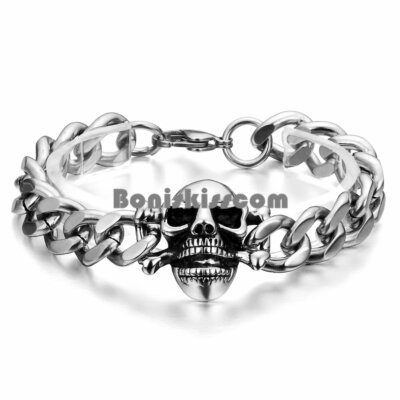 Skull Bracelet For Men - Stainless Steel Cuban Link Gothic Punk Chain, Vintage Finish, 8.9 Inches Length