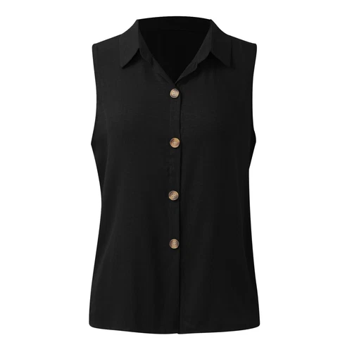 Damen Ärmellose Button Down Shirts Blusen Einfarbig Freizeit Leinen V Ausschnitt - Bild 7 von 39
