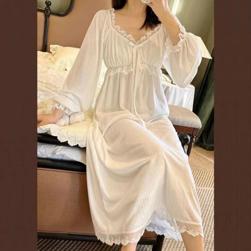 Women Retro Nightwear Nightdress Lace Ribbed Sleepwear Ruffles