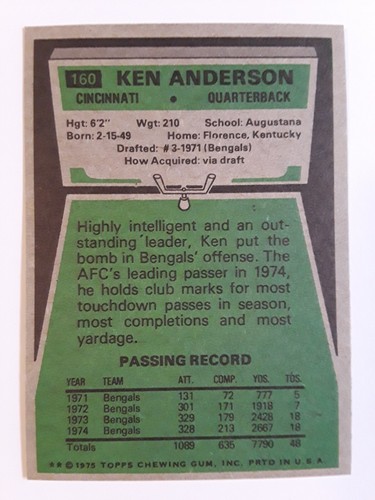 1975 Topps Ken Anderson #160 Football Karte Cincinnati Bengals - Bild 7 von 7