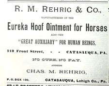 1887 R M REHRIG & CO EUREKA HOOF OINTMENT FOR HORSES GREAT AUXILLARY FOR HUMANS