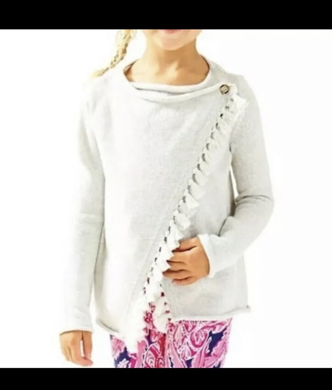 Lilly Pulitzer Silver Mini Avenue Wrap Fringe Cardigan Sweater Girls XL