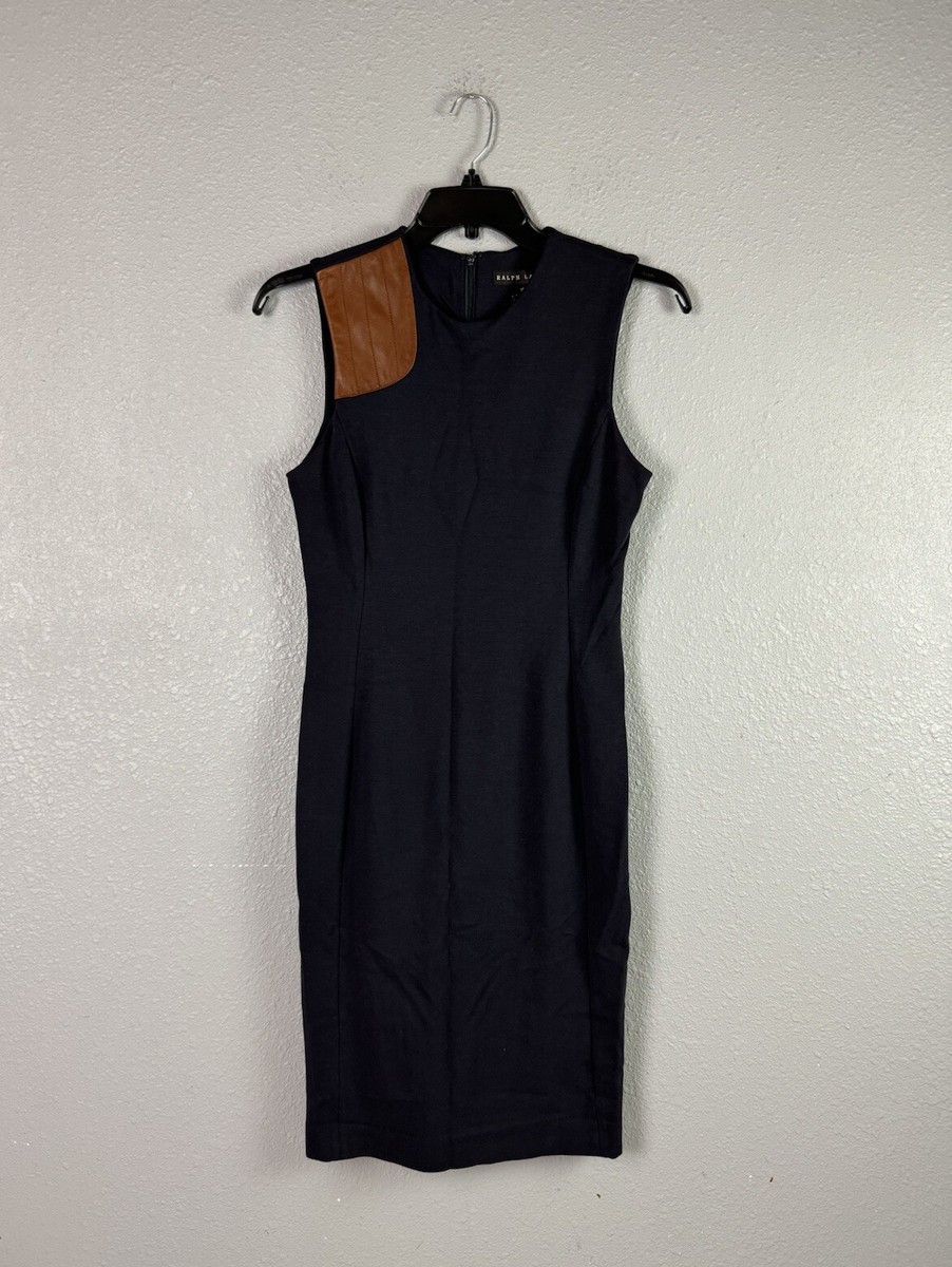Ralph Lauren Womens Black Label Dark Navy leather Accent Sheath Dress Size  10