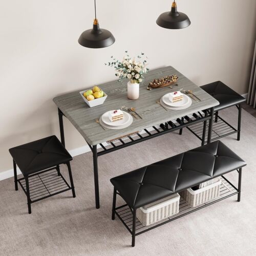 Dining Table with Bench and 2 Square Stools Dining Table Set for 4 with Storage - Picture 13 of 13