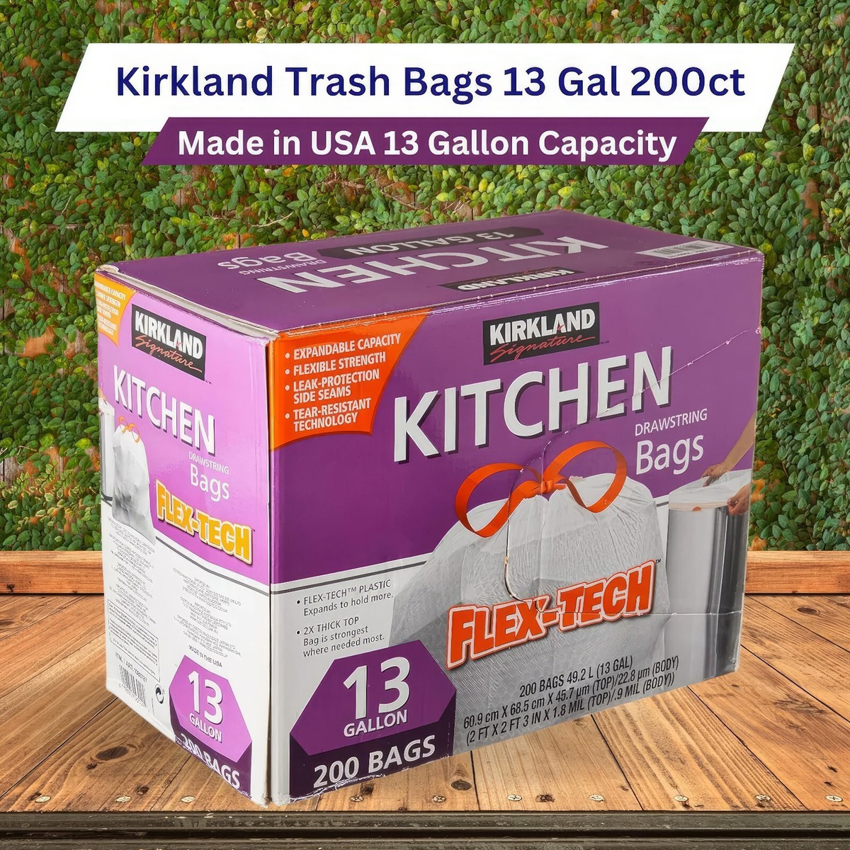 Kirkland Signature Flex-Tech 13-Gallon Kitchen Trash Bags – 200 Count, Heavy Duty White Plastic