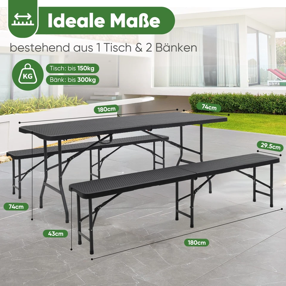180cm Bierzeltgarnitur Tisch+ 2x Bierbank Festzeltgarnitur Rattan-Optik - Bild 1 von 4