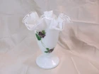 Vtg Fenton Art Glass Hand Painted Violets in the Snow Silver Crest Ruffled Vase
