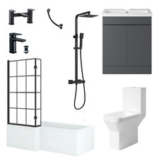 Bathroom Suite Shower Bath Tub LH/RH Grid Screen Black Taps Toilet Grey Vanity