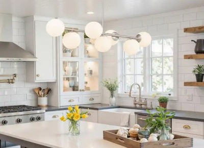 7-Light Brushed Nickel Pendant Design Linear Chandelier with Frosted Glass Shade