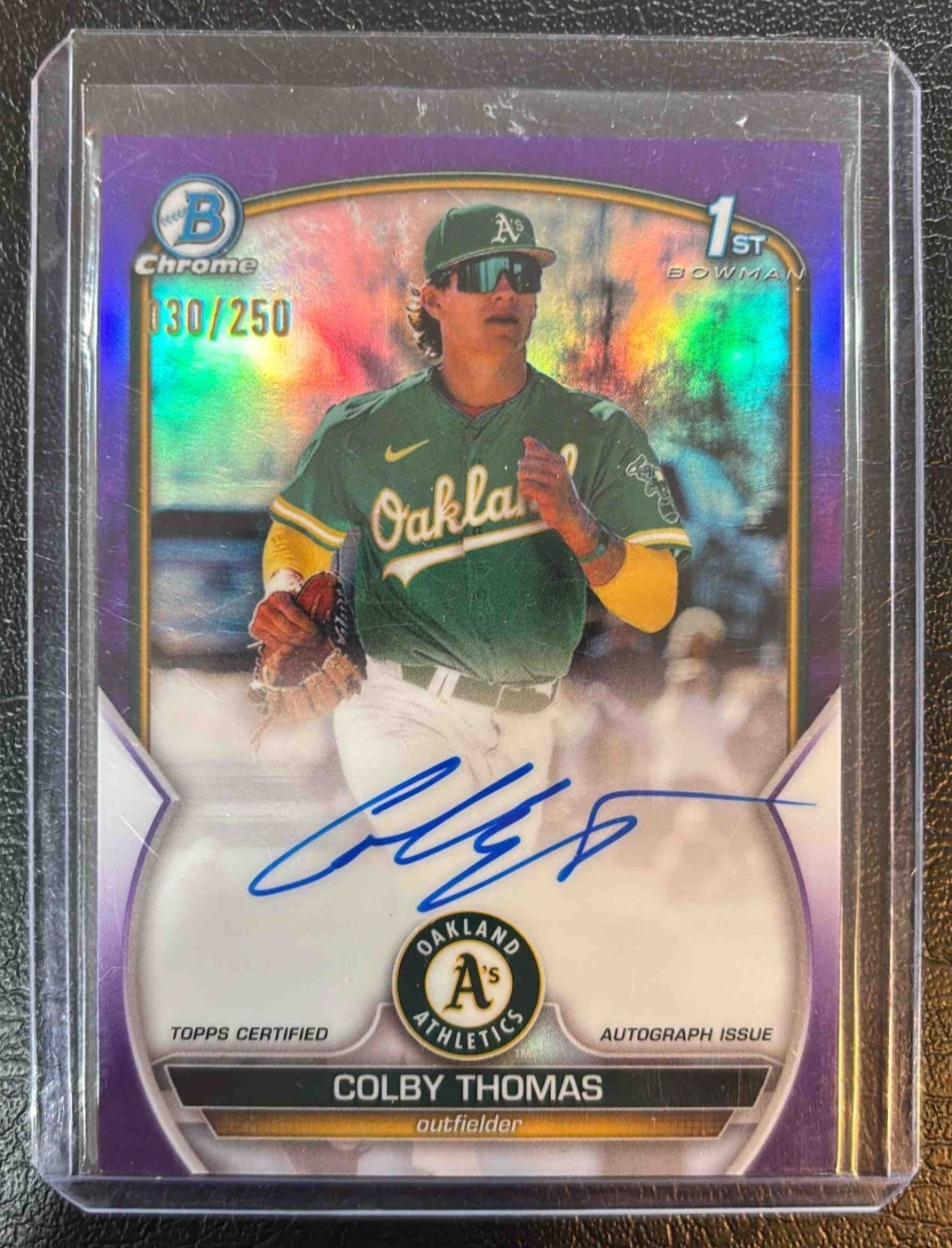 Colby Thomas 2023 Bowman Chrome Auto Purple Refractor 30/250 1st Prospect A's