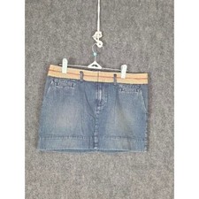 American Eagle Blue Denim Mini Skirt Low Rise Khaki Waistband Sz 6 Summer Chic