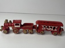 Red Cast Iron Train Set 2 Car Pieces Engine  Passenger Car Vintage