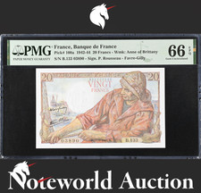 France Banque de France 20 Francs 1942-44 P 100a UNC PMG 66 EPQ NR 3rd TOP POP