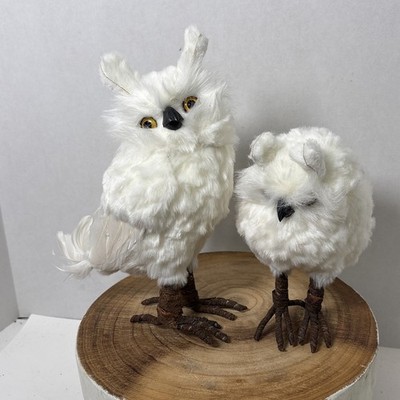 Pair Of Lux Furry Realistic 10  & 7  White Owls Bird Plush Mama Baby
