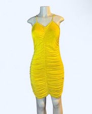 yellow ruched bodycon mini dress