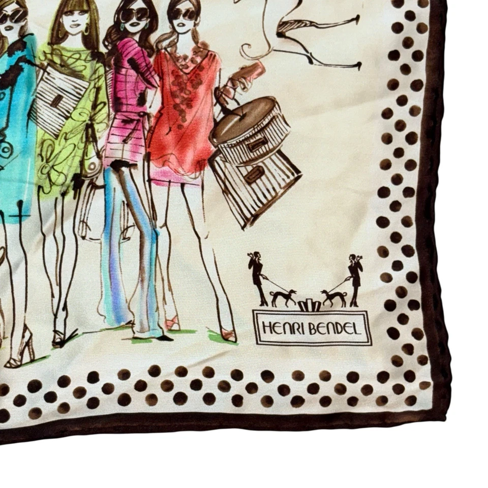 "Bufanda de seda Henri Bendel moda niñas estampado cuadrado marrón borde de lunares 34""" Foto 3 de 4