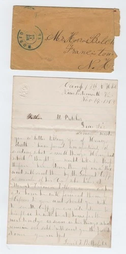 CIVIL WAR LETTER - Nurse Writes Details of Deceased Soldier in 13th NH Infantry!
