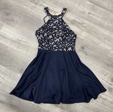 B DARLIN Juniors Fit & Flare Navy Lace Halter Strappy Open Back Size 13/14