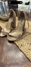 Women  s Beige Faux Suede Strappy Open Toe Ankle Strap Tie Block Heel 7
