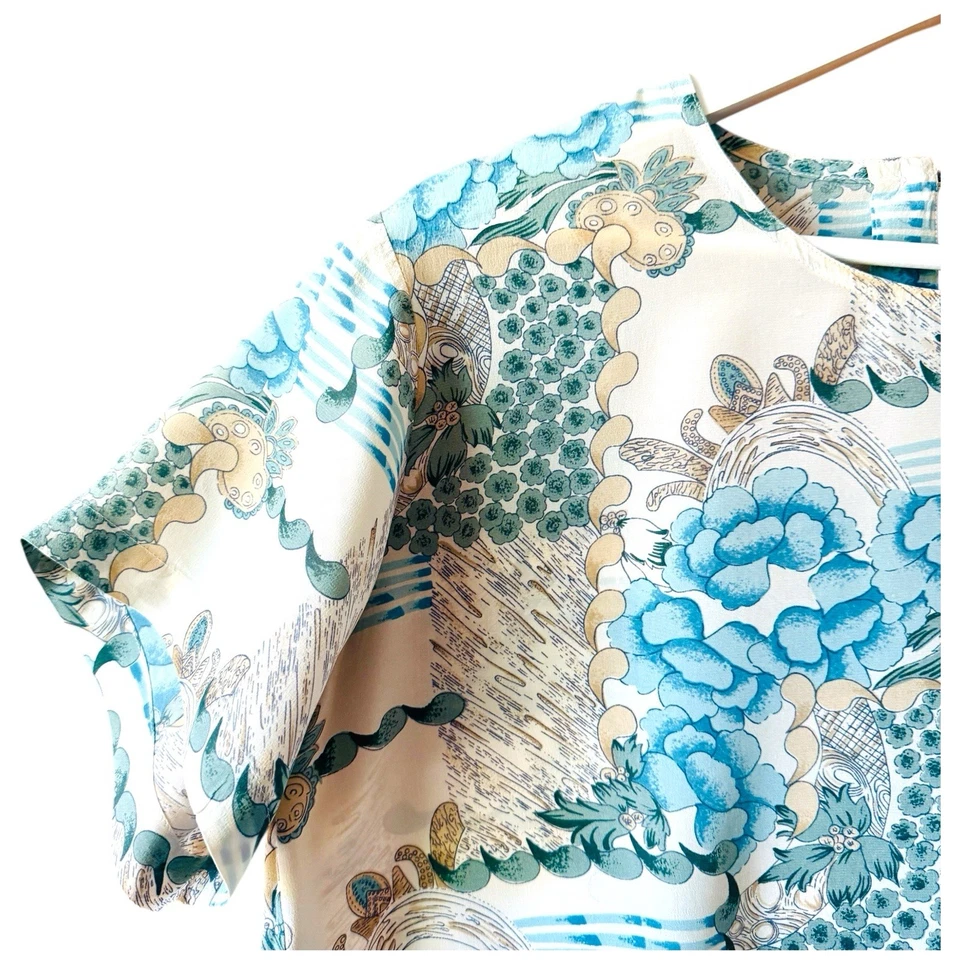Olivia Rhodes Top Women Size L Blue Silk Japanese Print Neck Short Sleeve - image 4 of 4