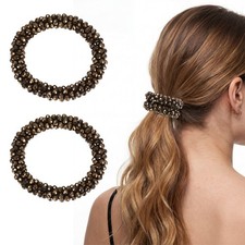 2Pcs Rhinestone Hair Scrunchies, Crystal Ties Elastic Ponytail Holders, Brown