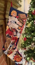 Vintage Handmade Needlepoint 23 Christmas Stocking Toys Doll Bear Treats EUC