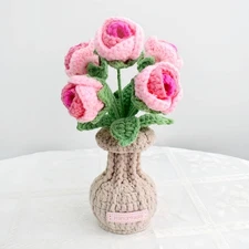Crochet Flowers Potted  Rose Flowers Gifts for Women Home Office Decor (Pink)