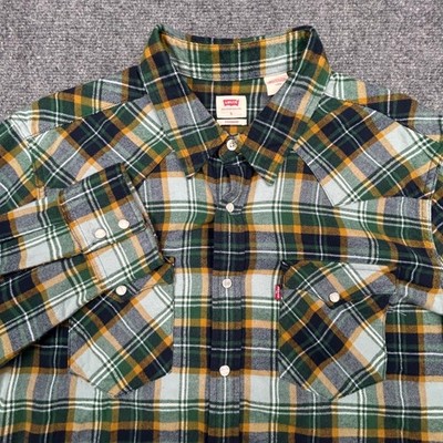 Levi's Western Shirt Men L Green Plaid Pearl Snap Button Standard Fit Lumberjack