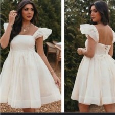 Mable Tulle Mini Babydoll Dress Flutter Sleeve Ivory White Fairy - Sale