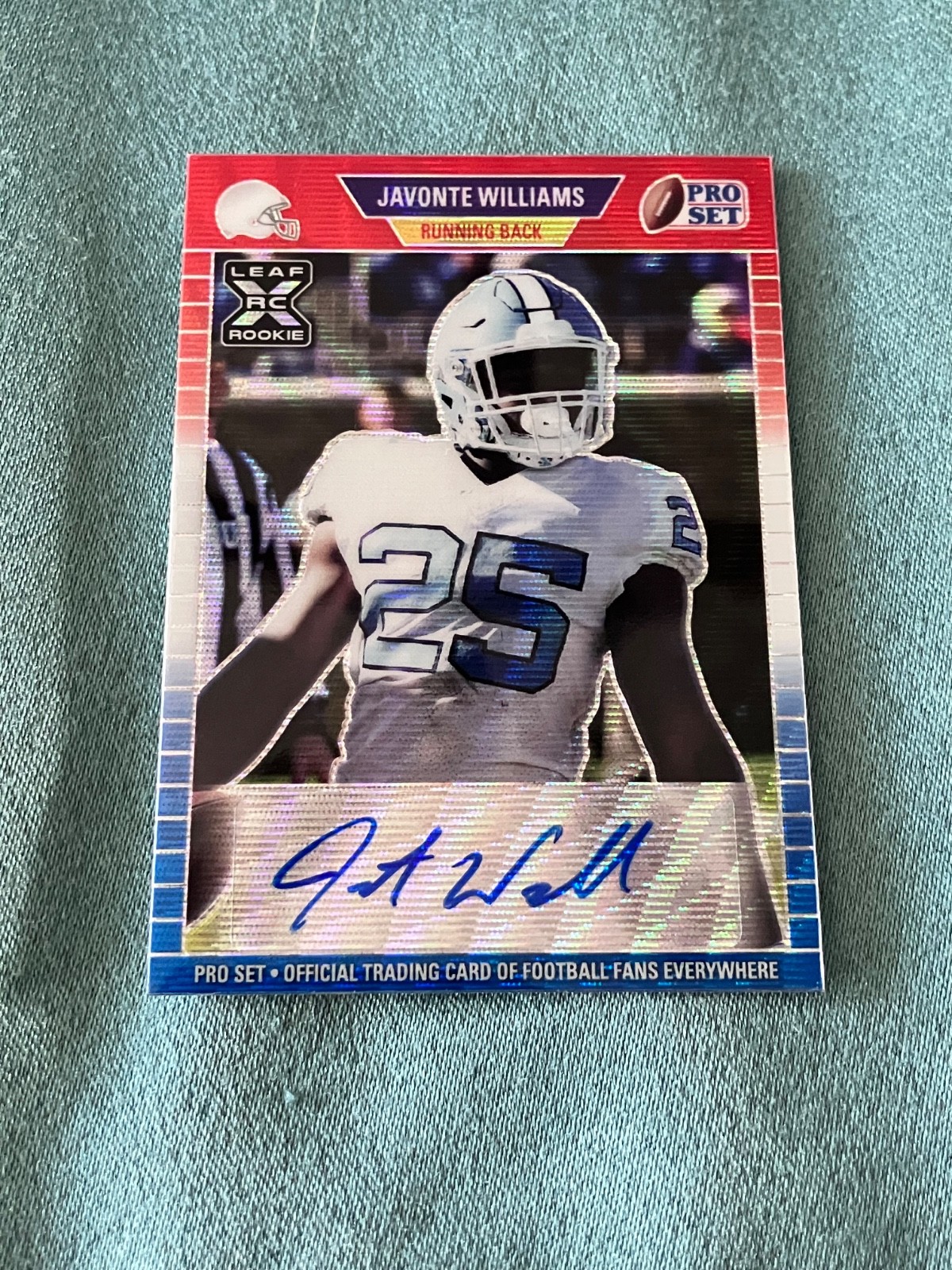 2021 Javonte Williams Leaf Red, White, and Blue Rookie Auto Serial #1/7