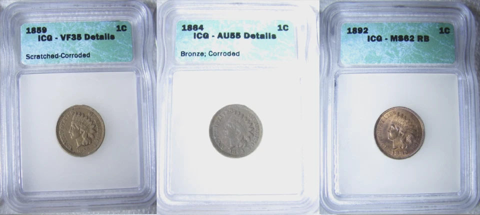 1859 VF35, 1864 AU55, and 1892 MS62 RB Indian Head One Cent 1C Penny ICG Graded - Image 3 of 4