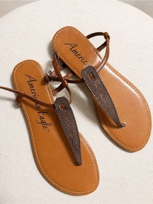American Eagle By Payless Tan Sandals with Brown Glitter T-Strap