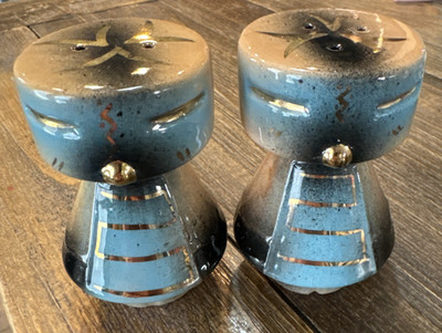 Vintage MCM Salt Pepper Shakers Blue Brown Gold Southwestern Birds 3.75'' READ