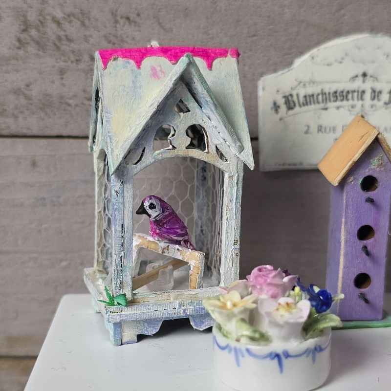 Artisan Dollhouse Miniature BirdCage 1:12 Scale vibrant colors parrot pink ooak