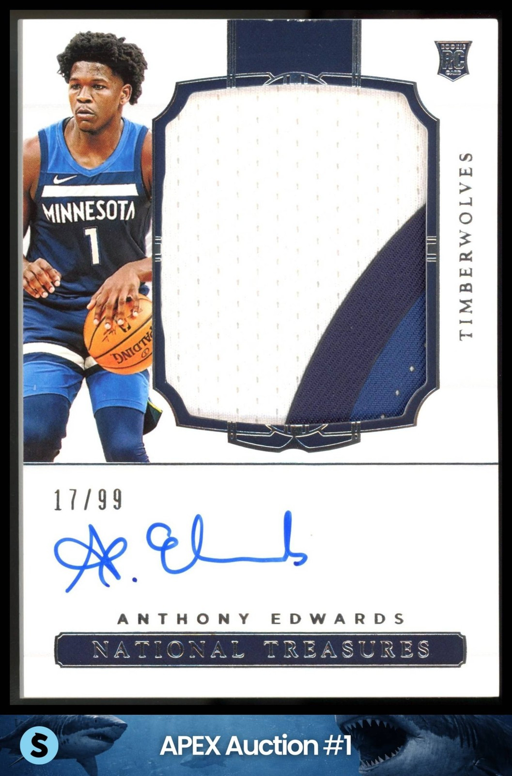2020 PANINI NATIONAL TREASURES #111 ANTHONY EDWARDS ROOKIE PATCH AUTO RC /99
