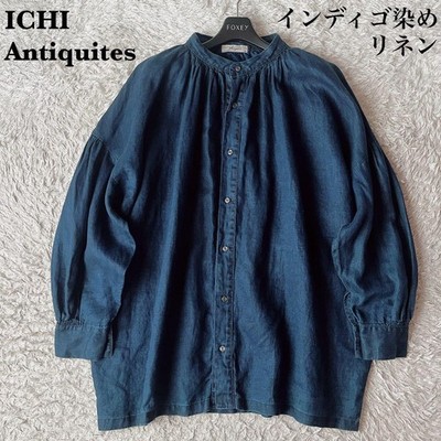 ICHI Antiquites Indigo Linen Gathered Blouse Free Size