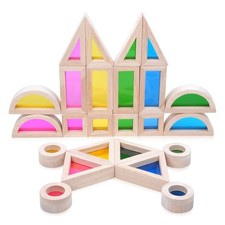 Wooden Building Blocks with Rainbow Acrylic Windows - 24pc Classic Montessori...