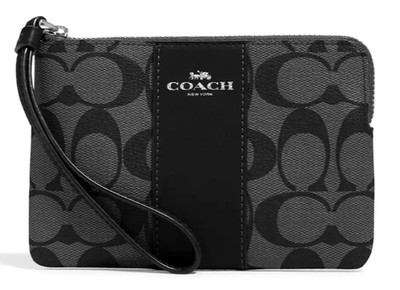 Coach Corner Zip Wristlet - CS602 Graphite Black Signature Canvas/Leather NWT