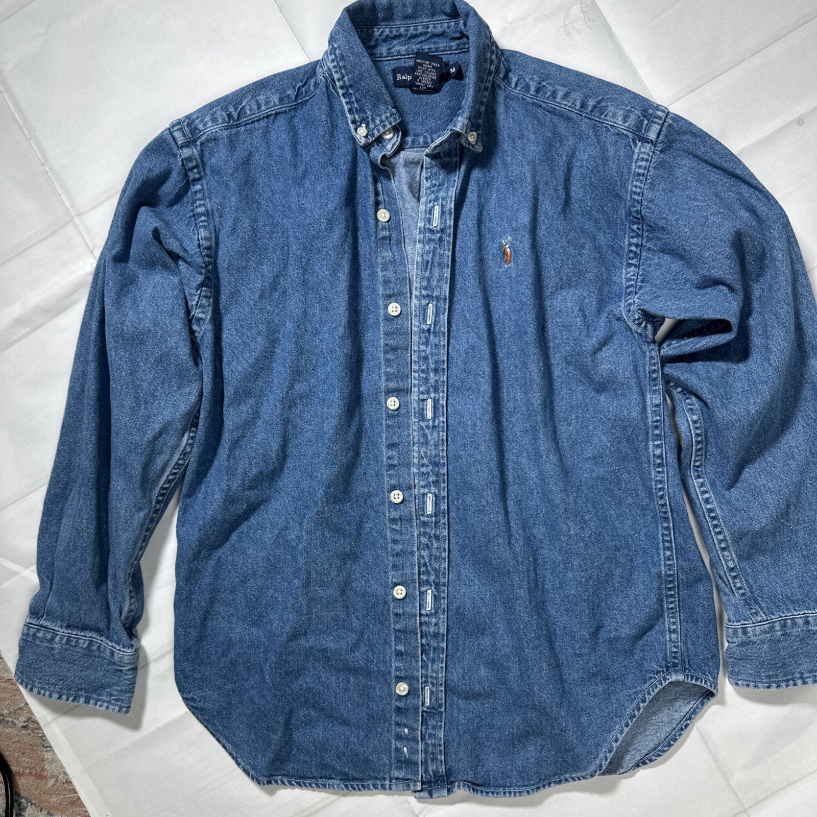 Polo Ralph Lauren Boys VTG Blue Denim Chambray Button Shirt Pony Lng Slv Medium